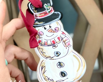 Snowman ornament handpainted ceramic ornament gingham Christmas