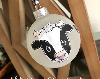 Cow ornament glass handpainted hand lettered hand painted farmhouse