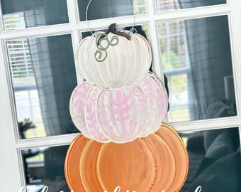 pumpkin stack door hanger orange pink and white hand painted