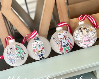 nutcracker ornament set glass hand painted Clara mouse king sugar plum fairy frosted