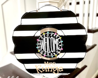 Black and white wreath door hanger with stripes and hand lettering interchangeable teacher door hanger