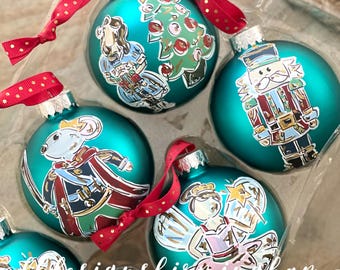 nutcracker ornament set glass handpainted Clara mouse king sugar plum fairy teal