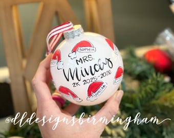 Family or teacher ornament Santa hats hand painted for grandparents