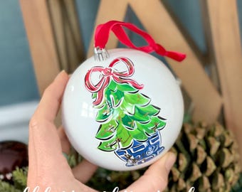blue or pink topiary christmas ornament plastic hand painted greenery bow classic