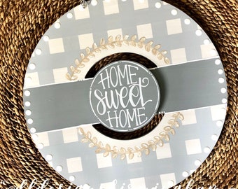 Gray gingham wreath door hanger with gingham and hand lettering interchangeable home sweet home tan floral
