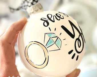 She said yes engagement ornament engagement ring hand lettered hand painted
