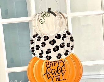 pumpkin stack door hanger hand painted cream, orange, leopard