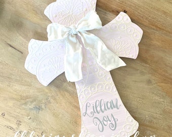 Custom colors Personalized girls nursery, shower, or hospital door cross pink and gray, pink and cream, custom colors