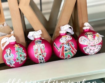 nutcracker ornament set glass hand painted Clara mouse king sugar plum fairy pink