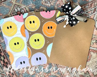 Smiley face Teacher clipboard hand lettered and painted, back to school, personalized