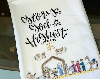 Nativity tea towel baby Jesus, Mary, Joseph, wisemen, shepherds