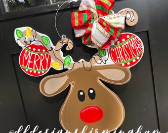 Rudolph christmas Door Hanger with tangled lights and ornaments