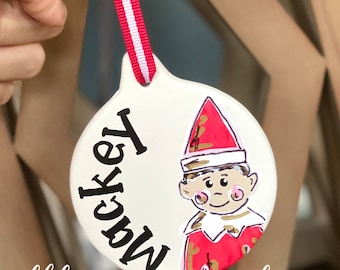 Elf ornament handpainted custom ornament ceramic Christmas