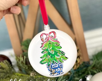 blue topiary christmas ornament plastic hand painted greenery bow classic