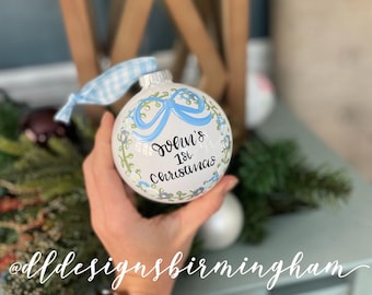 First christmas ornament glass hand painted greenery floral classic