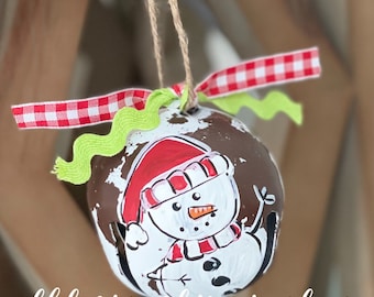 Snowman ornament handpainted metal bell ornament gingham Christmas