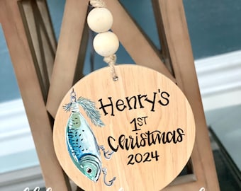 Fishing lure First christmas ornament wood hand painted classic wood