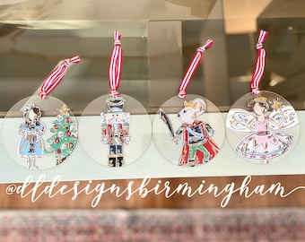 nutcracker ornament set acrylic hand painted Clara mouse king sugar plum fairy acrylic disc