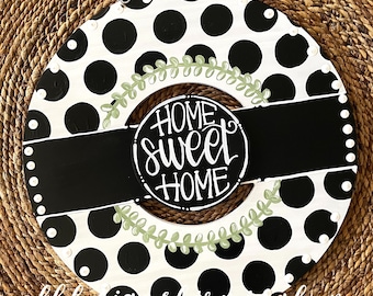 Black and white polka dot wreath door hanger with gingham and hand lettering interchangeable home sweet home green floral