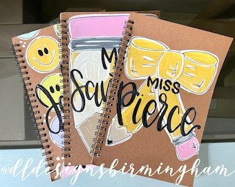 Smiley face or pencil Teacher notebook hand lettered and painted, back to school, personalized