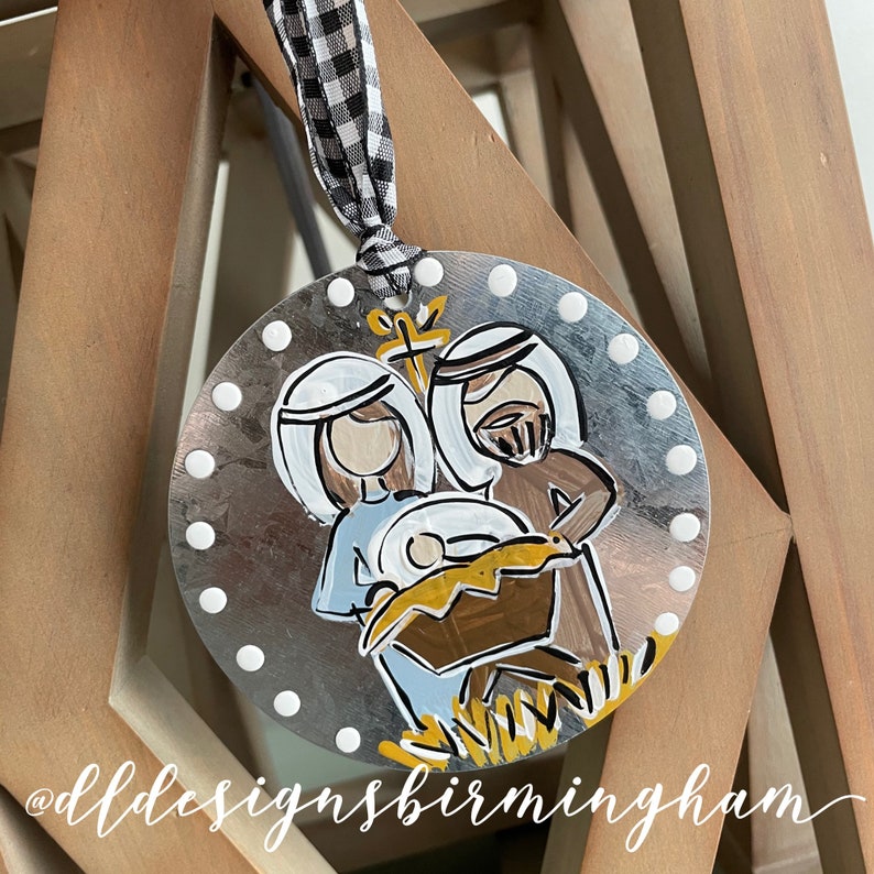 mary Baby jesus joseph handpainted galvanized metal ornament