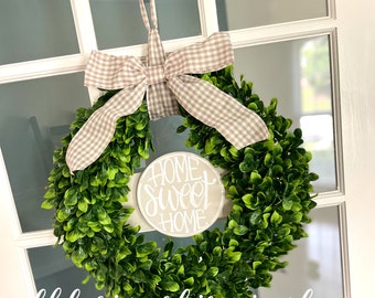 Boxwood wreath door hanger with  hand lettering interchangeable home sweet home green floral
