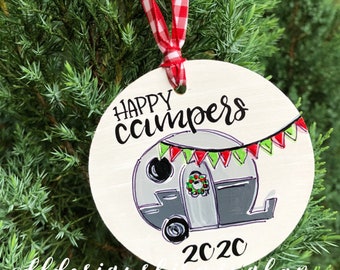 Happy campers ornament christmas wood ornament handpainted hand lettered personalized