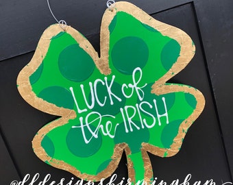 St  Patrick's Day Clover door hanger shamrock gold leaf hand lettered polka dots