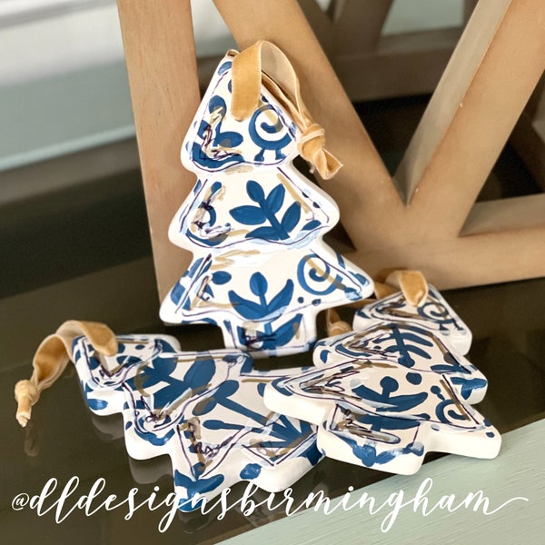 Blue and white Christmas tree ornament ceramic hand-painted