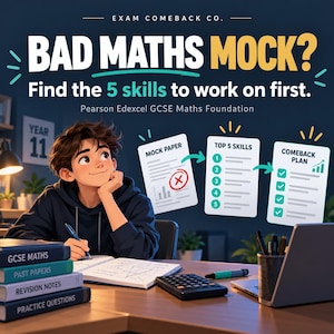 Może przedstawiać: Biurko ze stosem książek z etykietami GCSE MATHS, PAST PAPERS, REVISION NOTES oraz PRACTICE QUESTIONS. Tekst głosi: EXAM COMEBACK CO. BAD MATHS MOCK? Find the 5 skills to work on first. Pearson Edexcel GCSE Maths Foundation.
