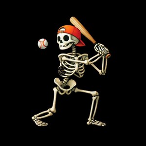 May include: A skeleton figure wearing an orange baseball cap, holding a wooden baseball bat in a batting stance, and positioned next to a white baseball with red stitching against a solid black background. The skeleton is in a dynamic pose.