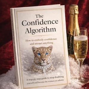 May include: A hardcover book titled The Confidence Algorithm with a leopard wearing a diamond necklace on the cover. The text reads How to embody confidence and attract anything and A step-py-step guide to stop doubting yourself and become the woman you admire.