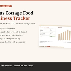Könnte beinhalten: Eine Texas Cottage Food Business Tracker Tabellenvorlage für Excel und Google Sheets. Enthält ein Verkaufsprotokoll, einen Einkommens-Tracker, eine Allergenmatrix, ein Chargenprotokoll und eine Checkliste zur Einhaltung von Vorschriften.