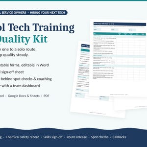 Puede incluir: Un conjunto de documentos Pool Tech Training & Quality Kit con 12 formularios imprimibles, una hoja de registro de 28 habilidades, controles y un rastreador. El texto incluye 'Pool Tech Training & Quality Kit' y 'Word, Excel, Google Docs & Sheets, PDF'.