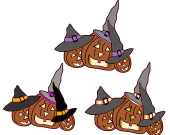 3 Files of Halloween Pumpkins with Witch's Hats, svg, gsp, dxf, Files for Silhouette & Cricut, Instant Download