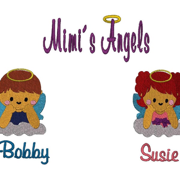 Mimi's Angels, 2 Szs Boys N 2 Szs Girls Sitting Angels, 2 Text Phrases, Machine Embroidery Designs