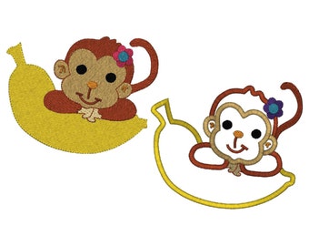 Filled & Applique Girl Monkey with Banana 14 Design Files Machine Embroidery Design