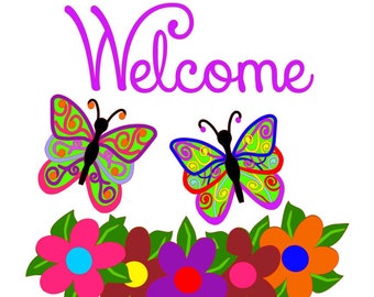 Garden Flag Files, Spray of Flowers, 2 Butterflies, Welcome, Perfect for Spring & Summer SVG EXP, GSP