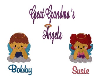 Great Grandmas Angels, 2 Szs Boys N 2 Szs Girls Angels, 2 Text Phrases, Machine Embroidery Designs