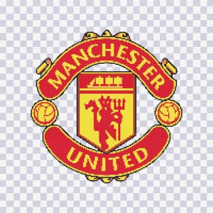 Pode incluir: Um padrão de ponto cruz do logótipo do clube de futebol Manchester United. O design apresenta um diabo vermelho a segurar um tridente dentro de um escudo amarelo, rodeado por faixas vermelhas com o texto MANCHESTER UNITED e duas bolas amarelas.