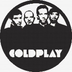 May include: A circular black and white graphic design featuring a high-contrast, pixelated illustration of four individuals standing side-by-side. Below the figures, the word COLDPLAY is printed in a bold, sans-serif, white capital letter font.