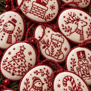 May include: A collection of oval-shaped fabric ornaments featuring red embroidered holiday designs on a cream background. Each piece includes a red twisted cord for hanging and depicts motifs such as a snowman, reindeer, Christmas tree, stocking, nutcracker, bird, and candy cane.