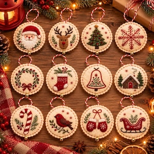 May include: Twelve circular felt Christmas ornaments featuring embroidered designs including Santa, a reindeer, a tree, a snowflake, a wreath, a stocking, a bell, a cabin, a candy cane, a bird, mittens, and a sleigh, each with a red and white string.