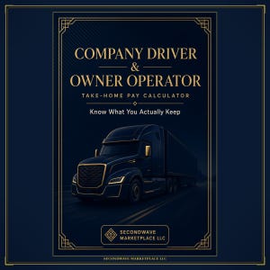 Pode incluir: Um gráfico azul-escuro e dourado com um caminhão e o texto: COMPANY DRIVER & OWNER OPERATOR TAKE-HOME PAY CALCULATOR Know What You Actually Keep. A parte inferior inclui o logotipo da SECONDWAVE MARKETPLACE LLC.