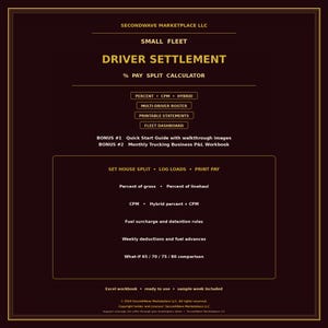 May include: A dark brown digital document titled Small Fleet Driver Settlement % Pay Split Calculator by Secondwave Marketplace LLC. It lists features like percent, CPM, hybrid, multi-driver roster, printable statements, and a fleet dashboard.