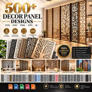 Puede incluir: Una colección digital de más de 500 diseños de paneles decorativos en formatos SVG, DXF, PNG, EPS y AI. La imagen muestra varios patrones intrincados cortados con láser, incluyendo motivos de árboles y formas geométricas para paneles.
