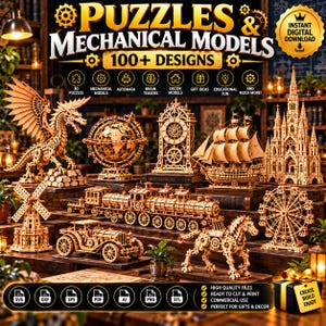 Könnte beinhalten: Eine digitale Sammlung von über 100 lasergeschnittenen Holzpuzzle- und Mechanik-Modellen, darunter Drache, Globus, Uhr, Schiff, Kathedrale, Windmühle, Zug, Auto, Pferd und Riesenrad. Enthält SVG-, DXF-, EPS-, PDF-, AI-, PNG- und STL-Dateiformate.