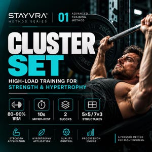 Puede incluir: Un diseño gráfico para el STAYVRA Method Series 01 Cluster Set, con texto e iconos para entrenamiento de alta carga. Muestra 80-90% 1RM, 10s de micro-descanso, 2 bloques y estructuras 5x5/7x3, junto a iconos de fuerza, hipertrofia y progreso.