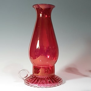 Rare ruby cranberry flash Jeannette Glass 464 handled candlestick with chimney