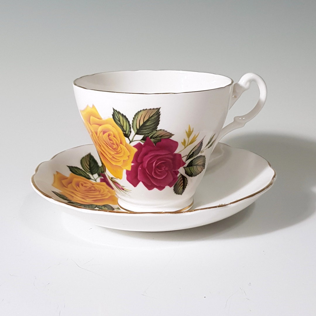 Royal Ascot Tea Cup and Saucer, Bone China Yellow and Red Roses Etsy